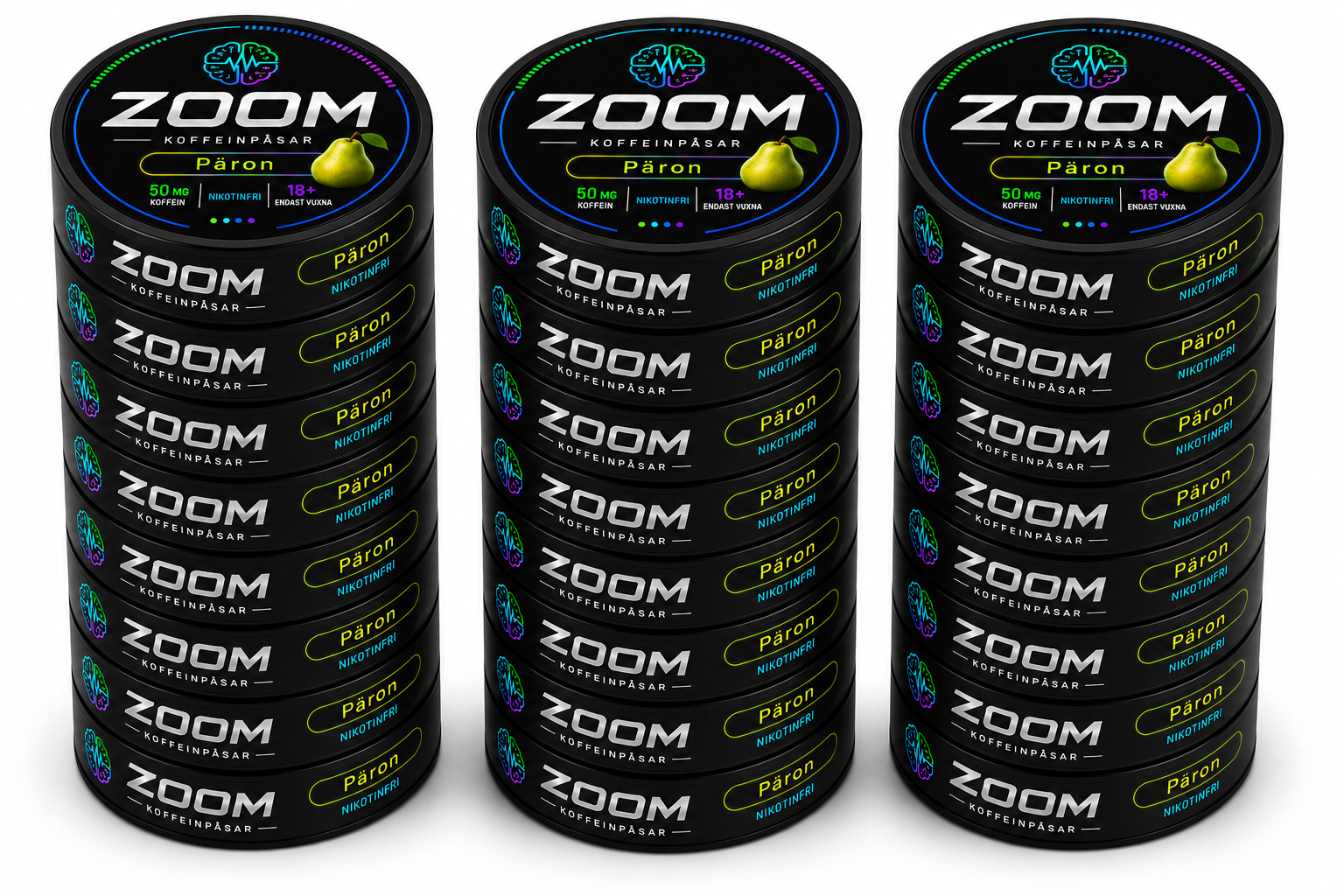 Tre stockar Zoom Energy koffeinpåsar smak Päron