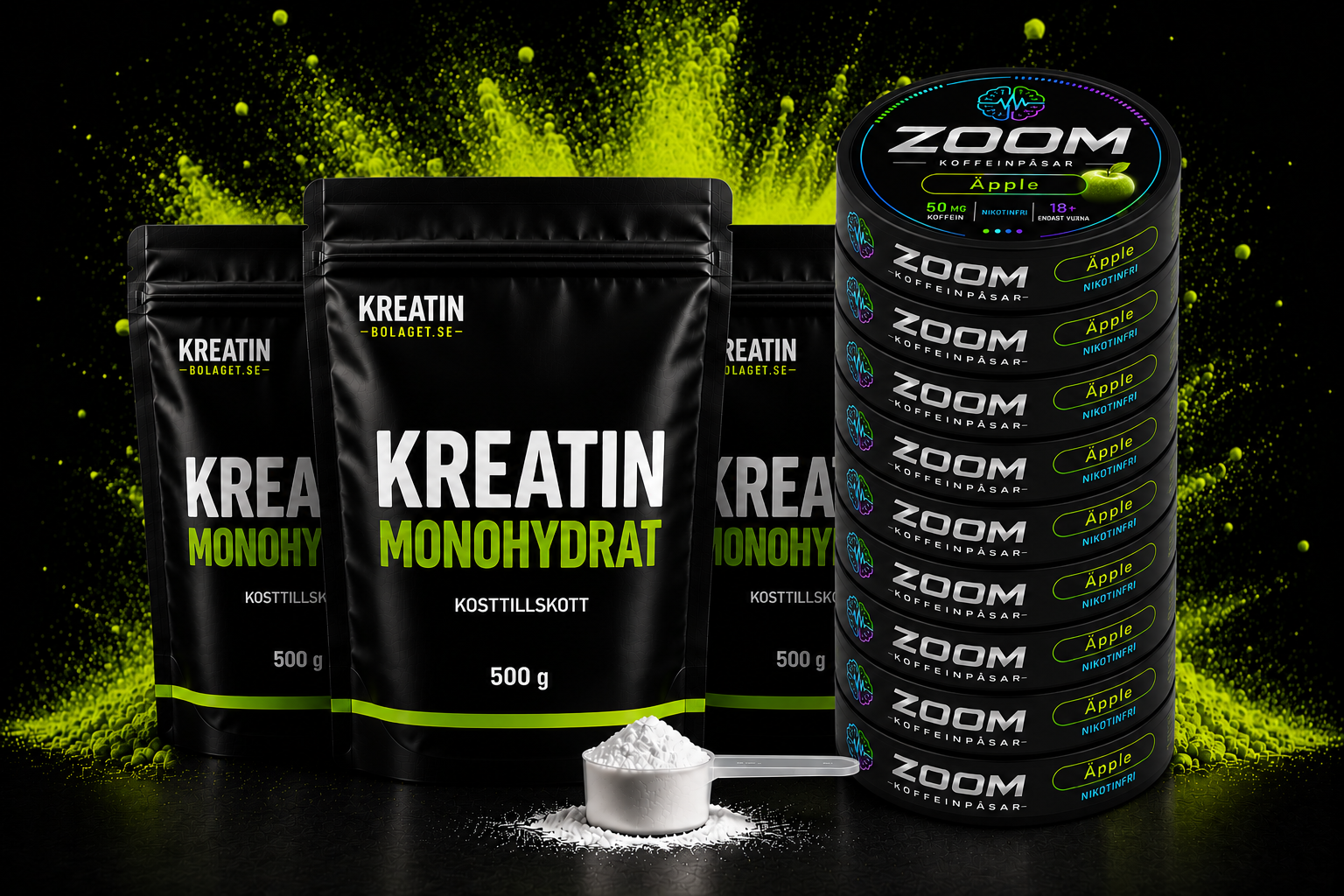 Tre påsar kreatinmonohydrat 500 g tillsammans med Zoom Energy koffeinpåsar smak Apple