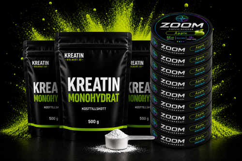 Tre påsar kreatinmonohydrat 500 g tillsammans med Zoom Energy koffeinpåsar smak Apple