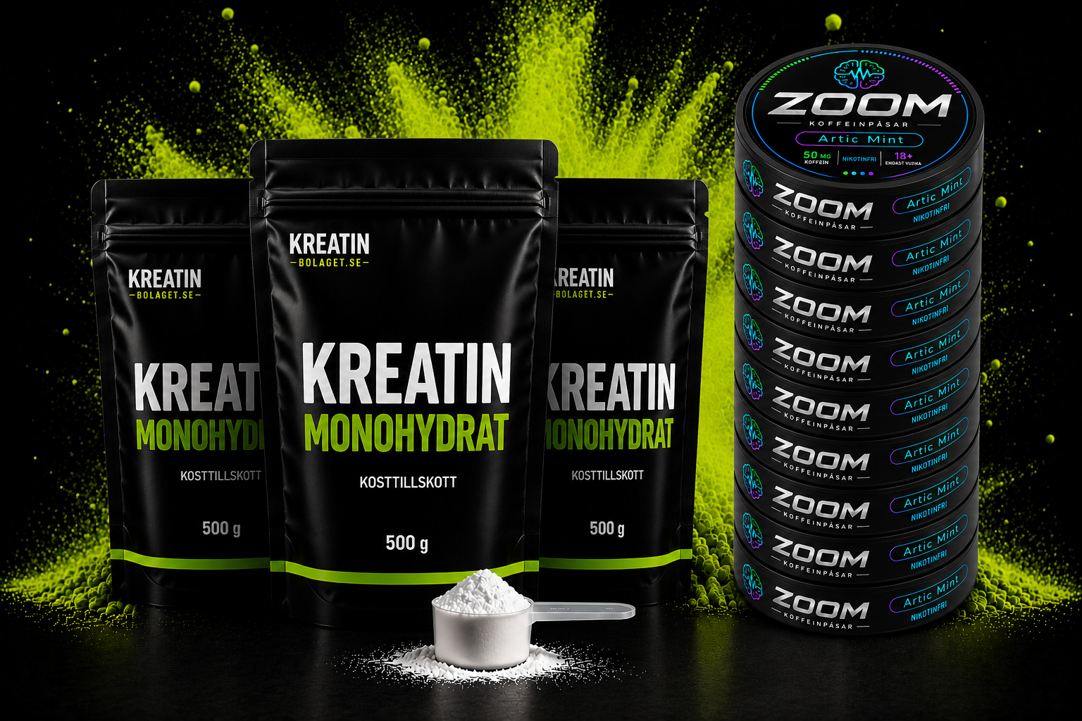 Tre påsar kreatinmonohydrat 500 g tillsammans med Zoom Energy koffeinpåsar smak Arctic Mint