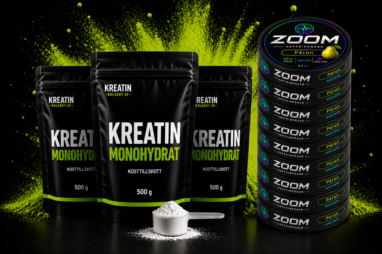 Tre påsar kreatinmonohydrat 500 g tillsammans med Zoom Energy koffeinpåsar smak Päron
