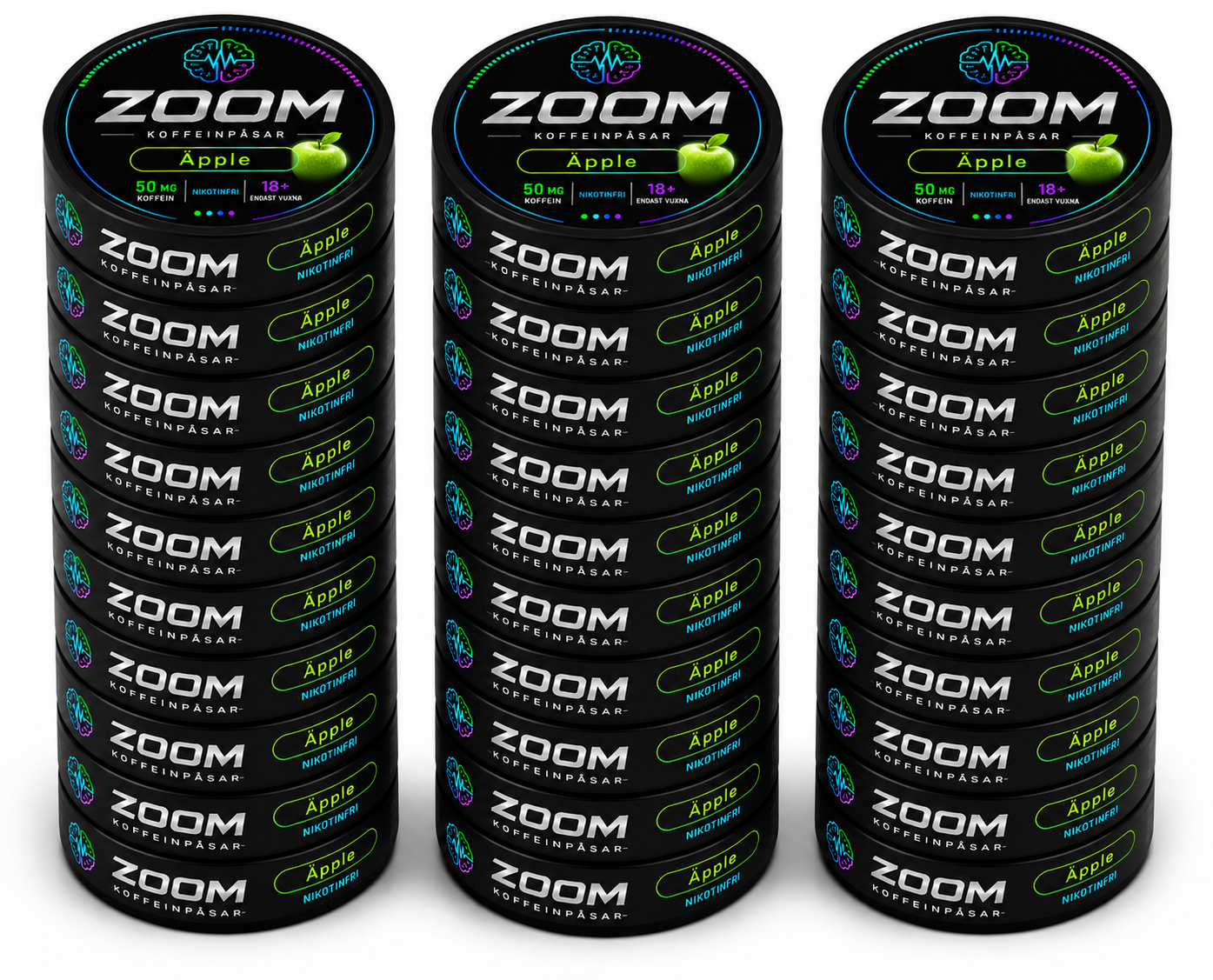 Tre stockar Zoom Energy koffeinpåsar smak Apple