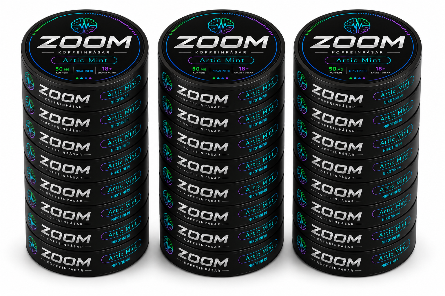 Tre stockar Zoom Energy koffeinpåsar Arctic Mint