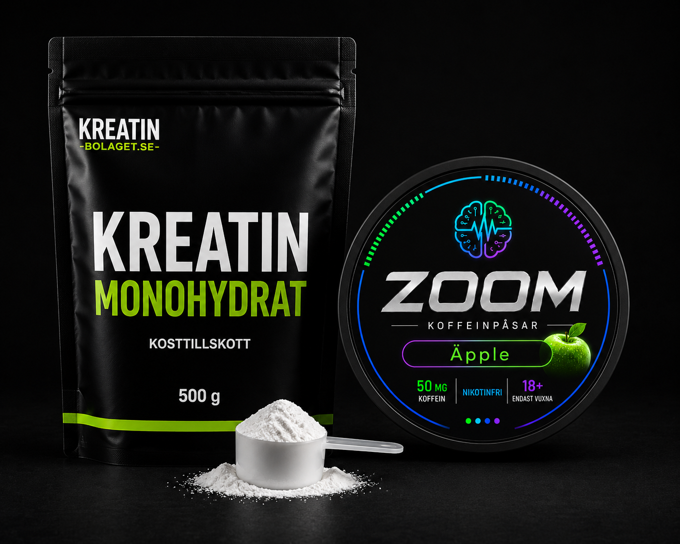 Startpaket med kreatin monohydrat och ZOOM Äpple koffeinpåse