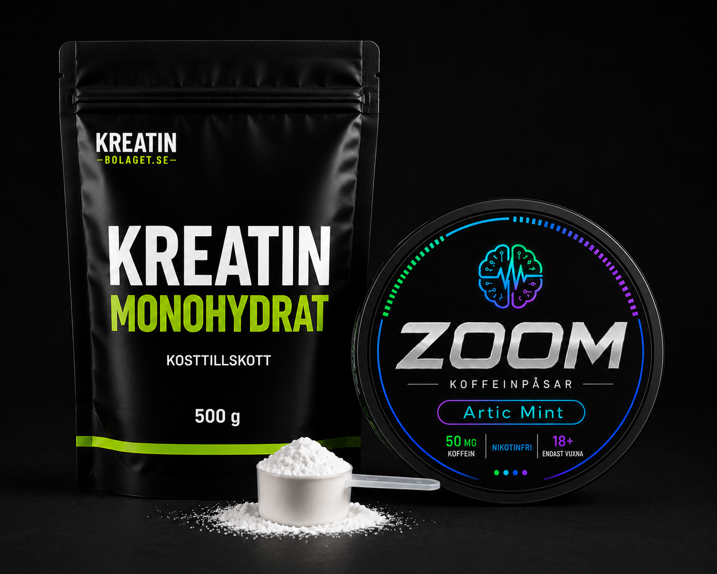 Startpaket med kreatin monohydrat och ZOOM Arctic Mint koffeinpåse
