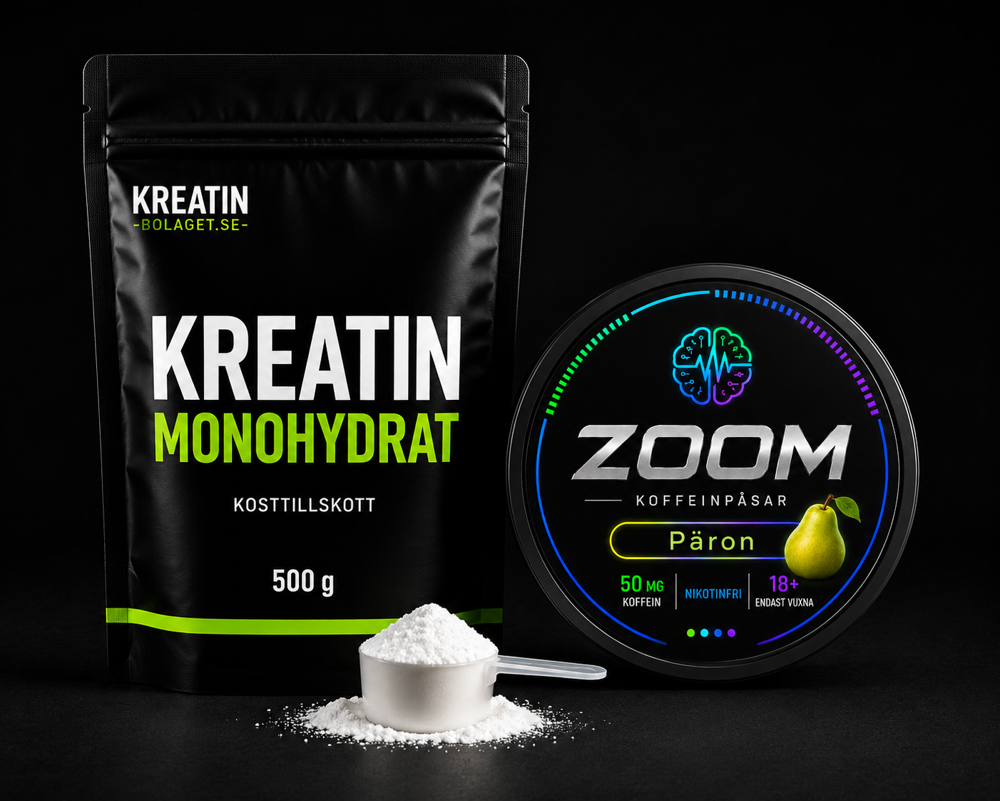 Startpaket med kreatin monohydrat och ZOOM Päron koffeinpåse