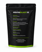 Baksida av Kreatinbolagets kreatin monohydrat med innehåll, ingredienser, dosering och produktinformation.