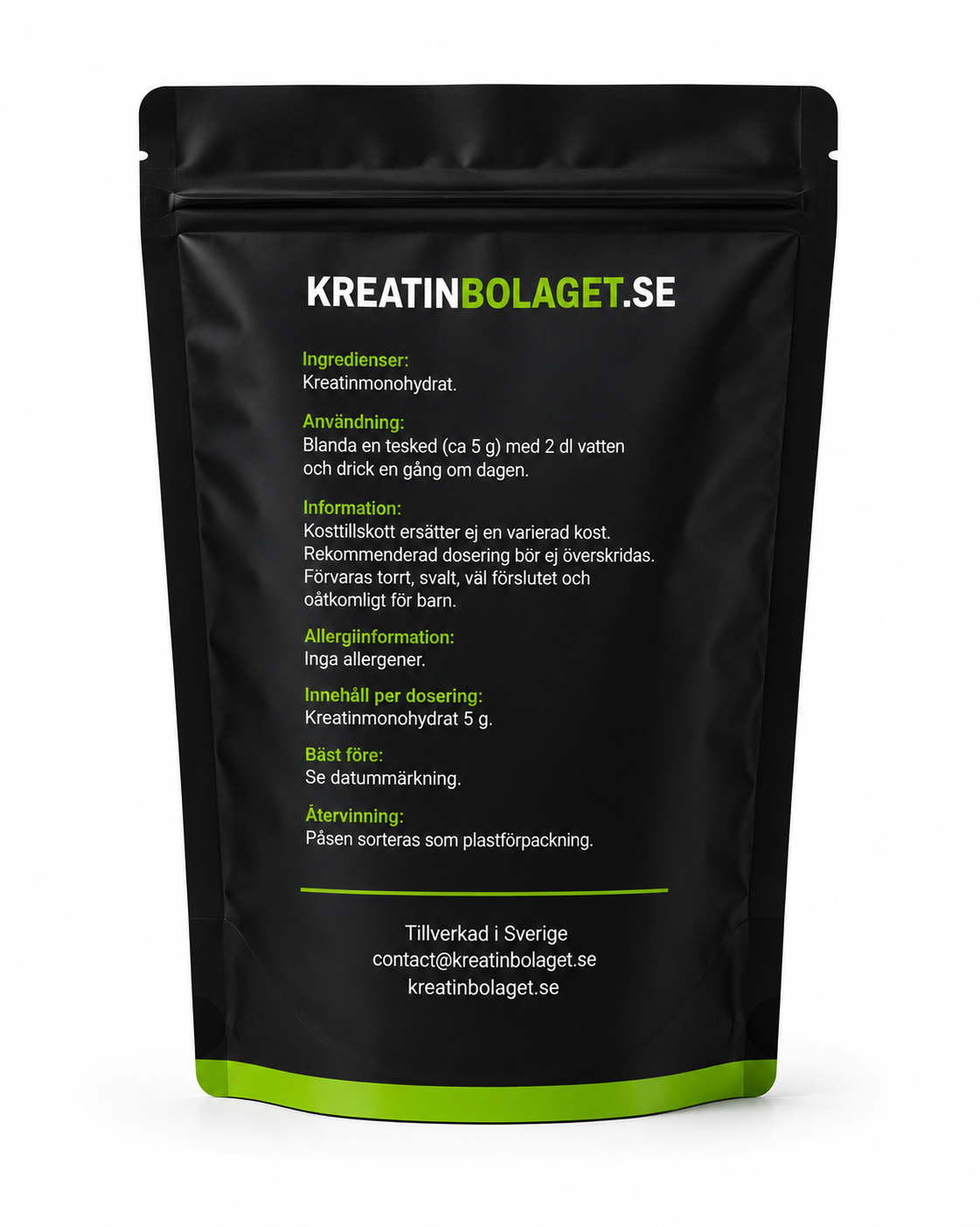 Baksida av Kreatinbolagets kreatin monohydrat med innehåll, ingredienser, dosering och produktinformation.