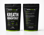 Fram- och baksida av Kreatinbolagets kreatin monohydrat med produktinformation, ingredienser och användningsanvisningar.