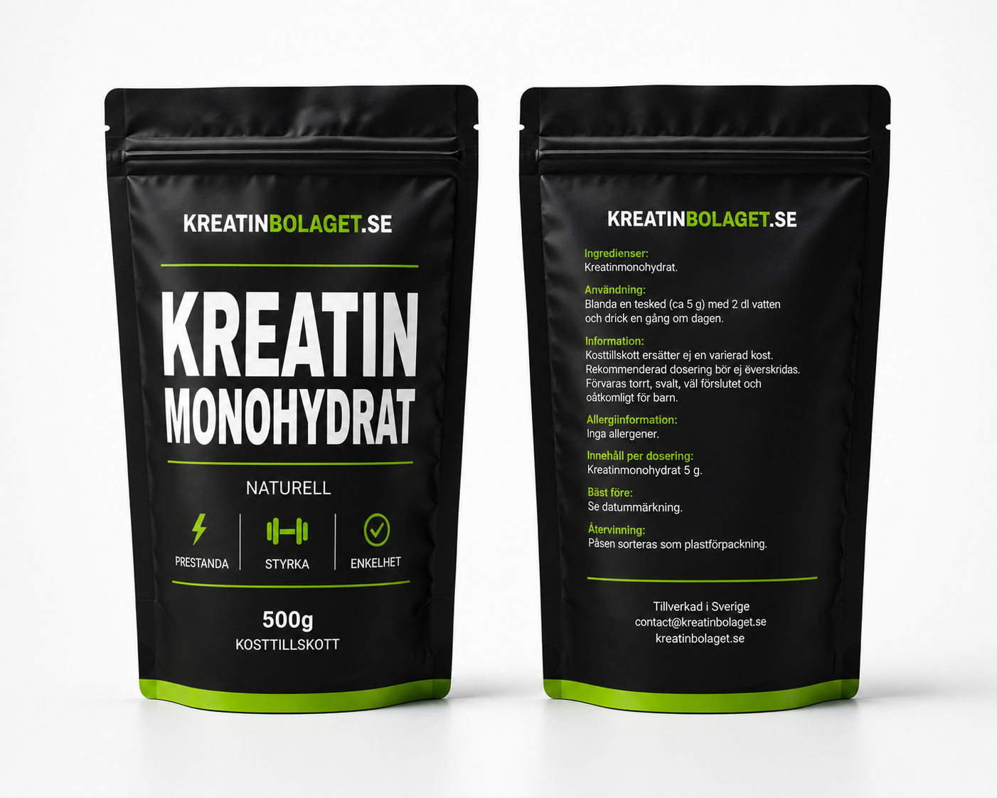 Fram- och baksida av Kreatinbolagets kreatin monohydrat med produktinformation, ingredienser och användningsanvisningar.