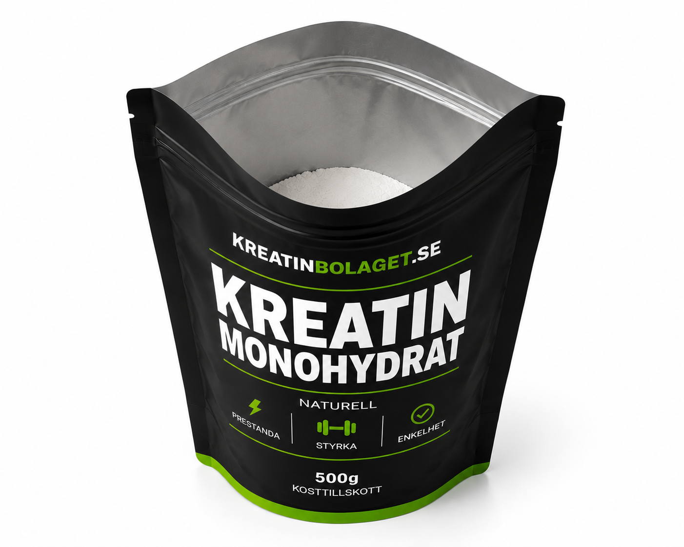 Öppnad påse med kreatin monohydrat från Kreatinbolaget som visar det finmalda vita pulvret inuti för daglig användning.