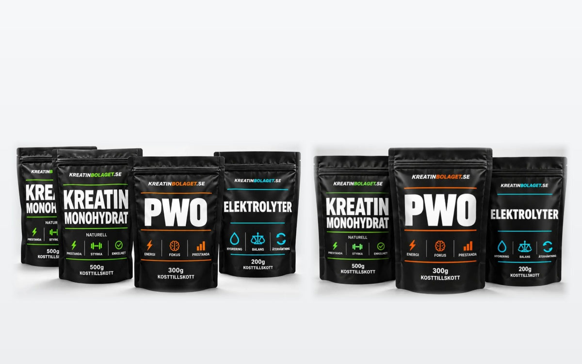 Mega Stack: 3 × kreatinmonohydrat 500 g, 2 × PWO 300 g och 2 × elektrolyter 200 g