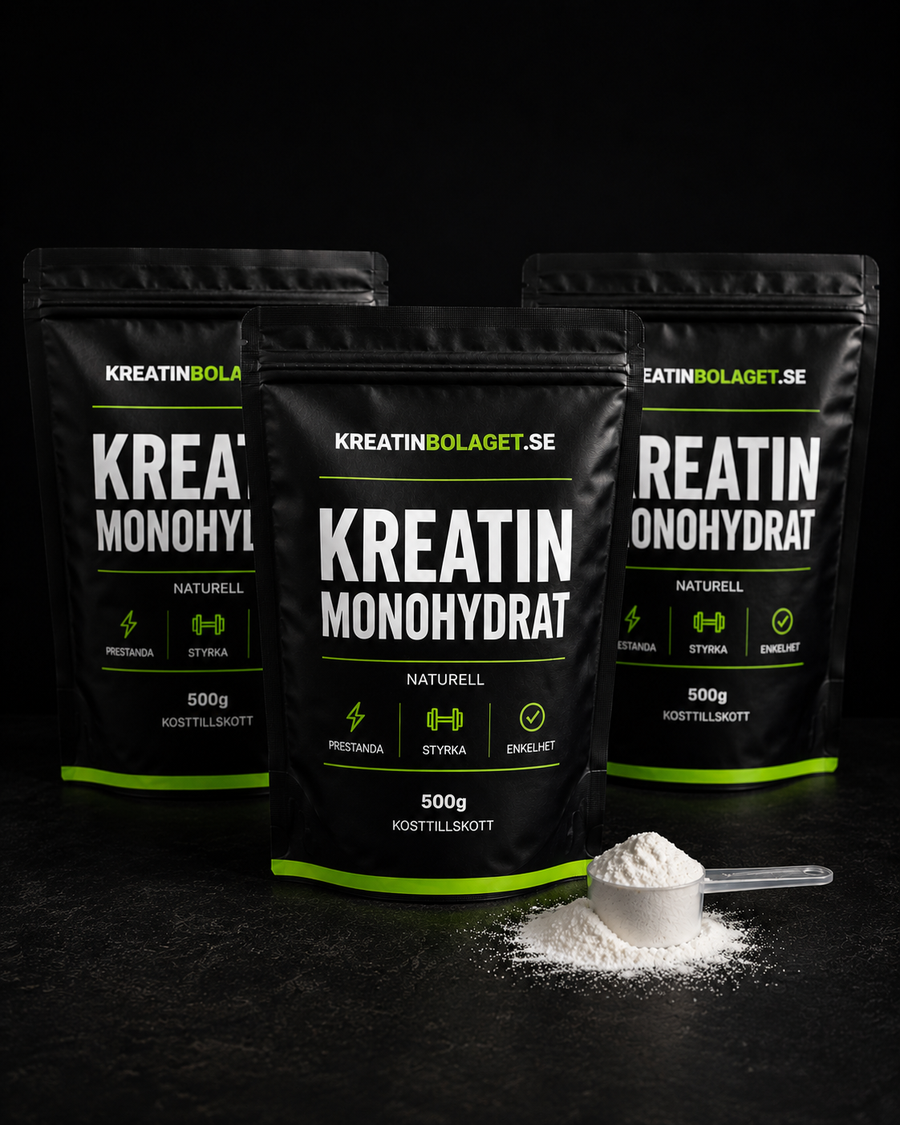 3-pack kreatin monohydrat från Kreatinbolaget för styrketräning, prestation och daglig användning